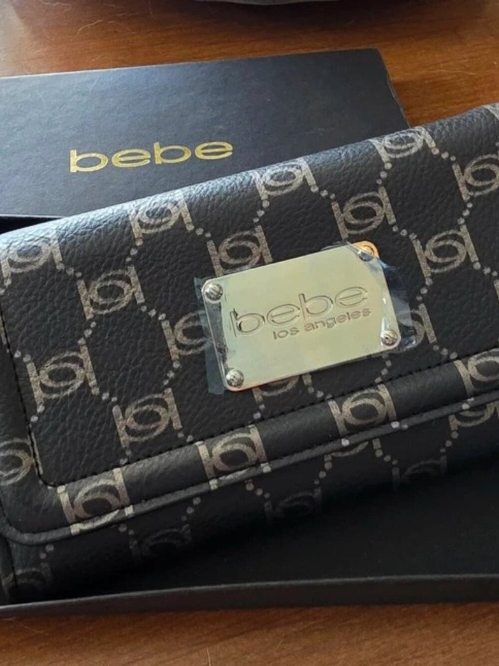 bebe Black Logo Monogram Wallet with Gold Plaque